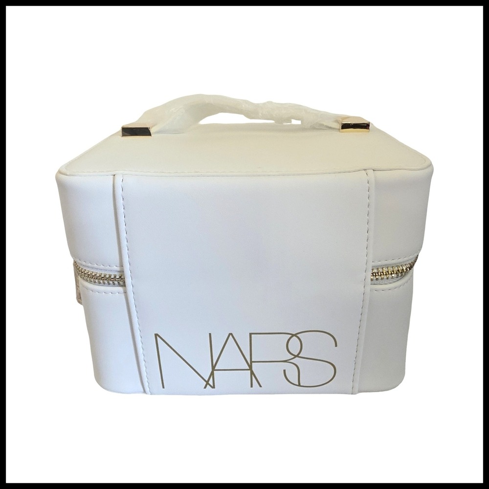 NARS White Faux Leather Train Case Makeup Bag Gold Hardware New